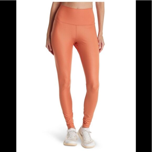 90‎ DEGREE BY REFLEX Pink Orange Shiny Rib High Rise Leggings Small Medium New - Picture 1 of 8